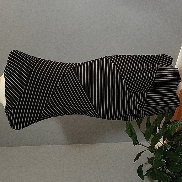 Anne Taylor Petite Black and Tan V-Neck Bodycon Striped Dress - Size SP - Picture 2 of 7